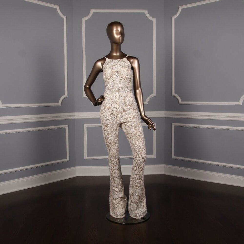 Francesca Miranda Leonor Bridal Ivory Nude Beaded Lace Halter Jumpsuit